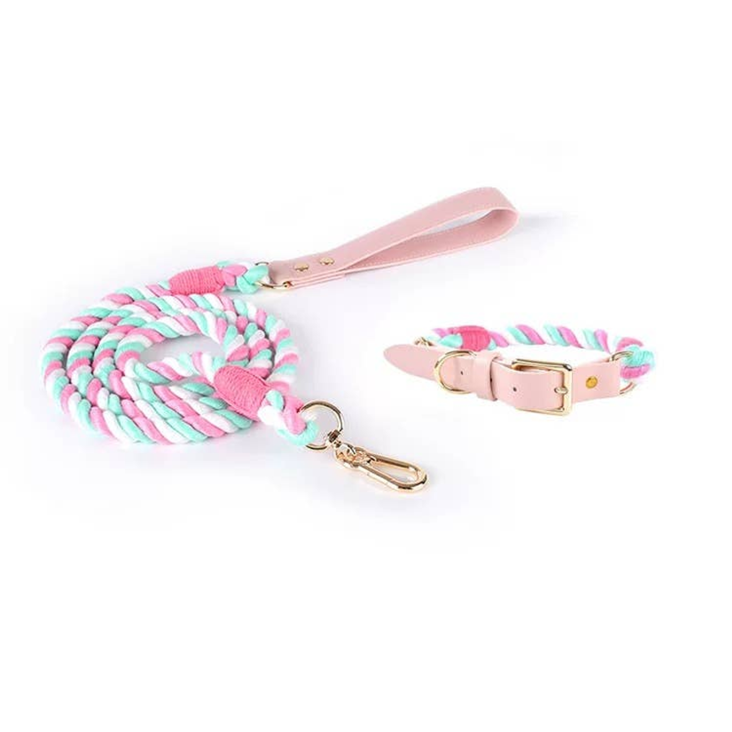 Pawsome Pets CA Luxe Royal Leather Rope Leash and Collar Set Dog Collars