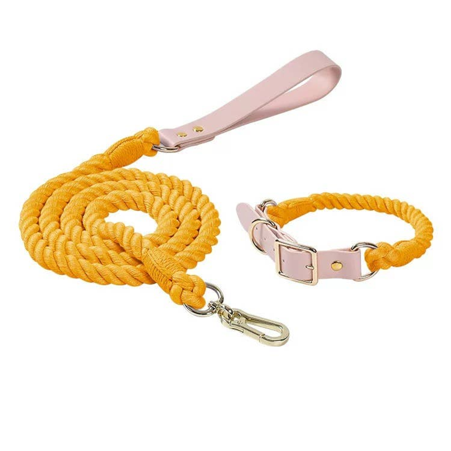 Pawsome Pets CA Luxe Royal Leather Rope Leash and Collar Set Dog Collars