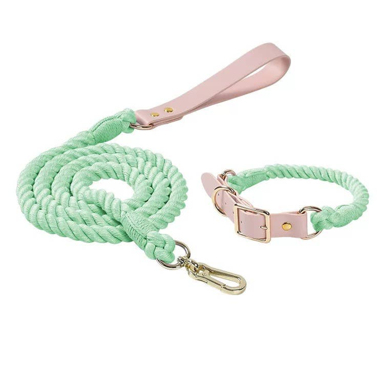 Pawsome Pets CA Luxe Royal Leather Rope Leash and Collar Set Dog Collars
