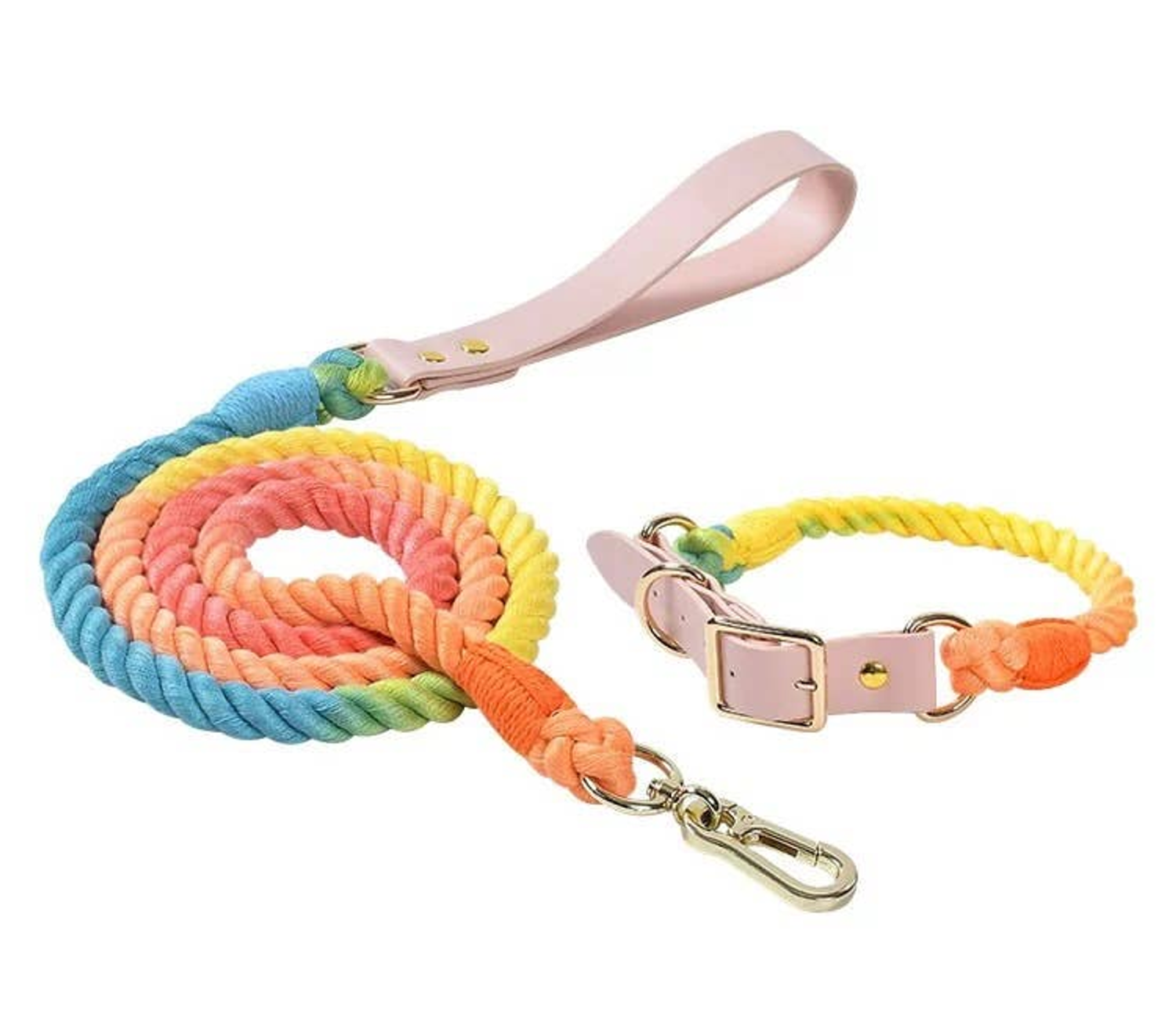 Pawsome Pets CA Luxe Royal Leather Rope Leash and Collar Set Dog Collars