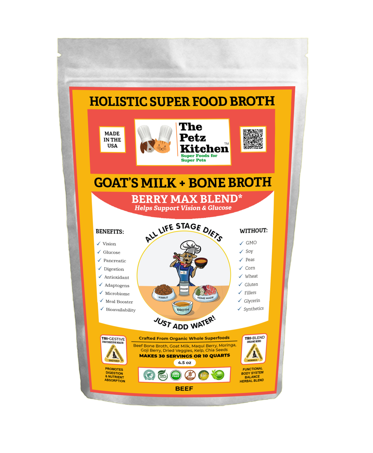 Organic Pet Systems Goats Milk + Bone Broth Berry Max Antioxidant Vision & Glucose Support Broth* The Petz Kitchen Dog & Cat Holistic Super Foods* Animal Vitamins & Supplements
