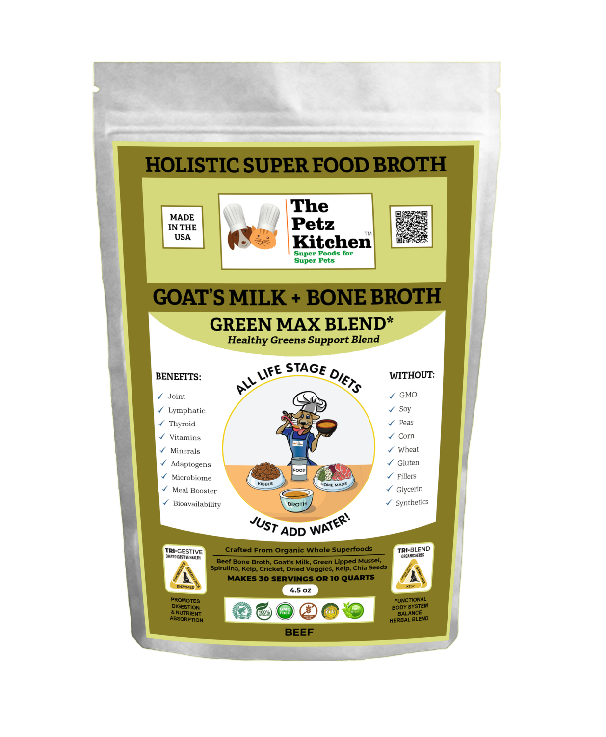 Organic Pet Systems Goats Milk + Bone Broth Green Max Blend* Omega 3 & 6 Vitamin & Mineral Support* The Petz Kitchen Dog & Cat Animal Vitamins & Supplements