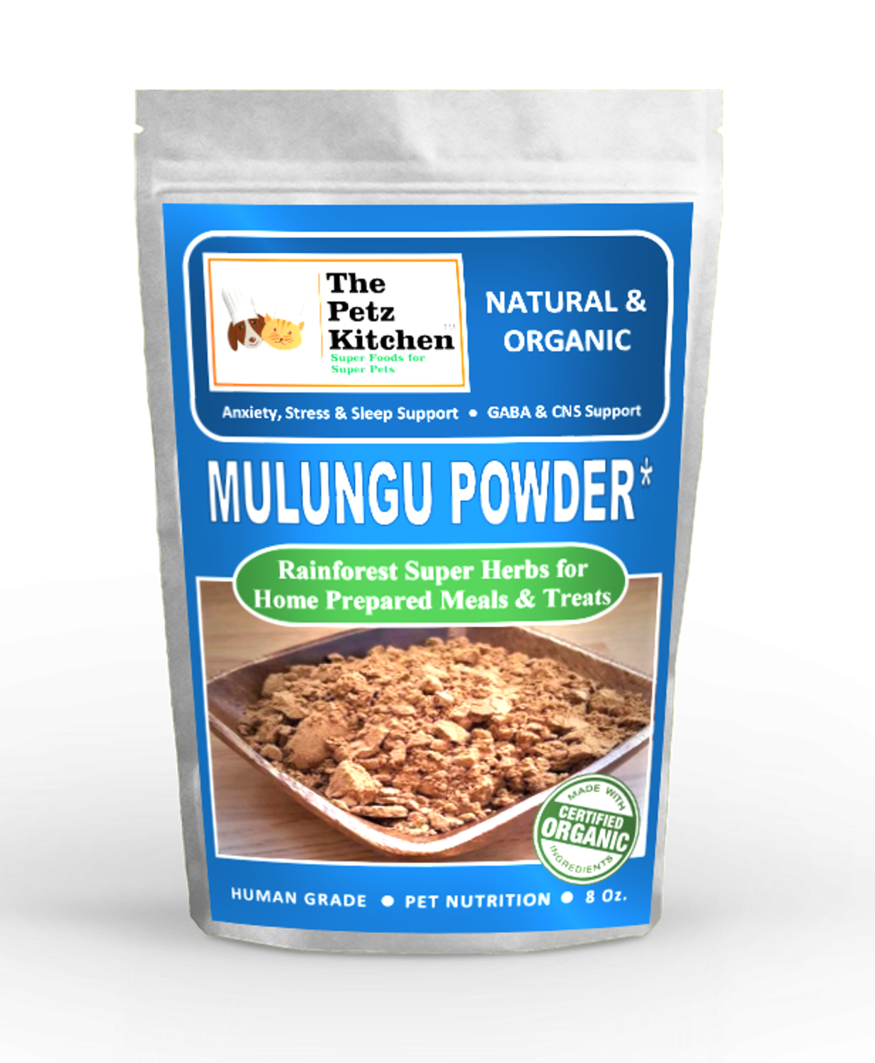 Organic Pet Systems Mulungu Powder - Anxiety Stress Sleep Gaba & Cns Support* The Petz Kitchen - Organic Human Grade Ingredients For Home Prepared Meals & Treats Animal Vitamins & Supplements