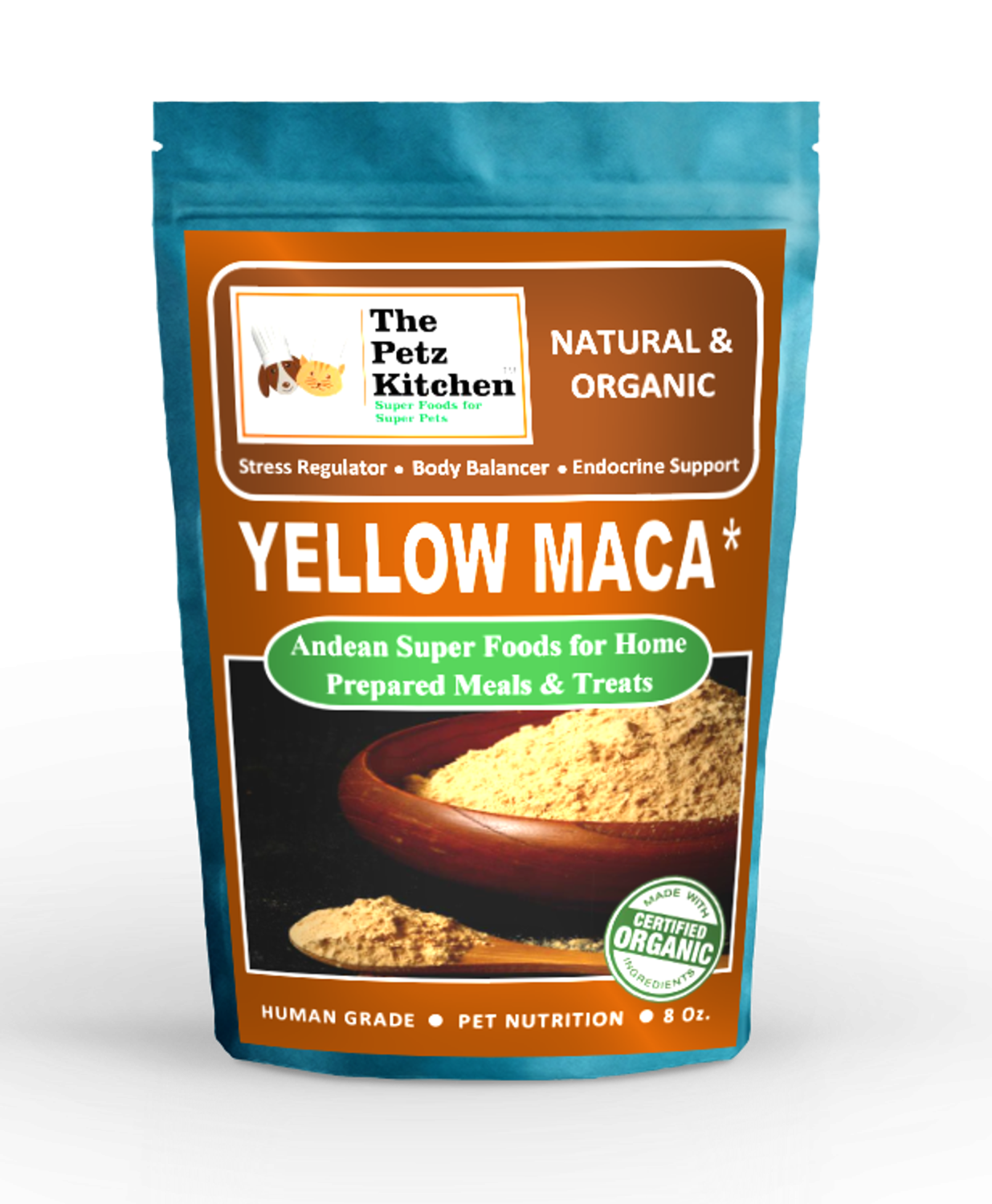 Organic Pet Systems Yellow Maca* Complete Protein & Cognitive & Glandular Support* The Petz Kitchen Organic & Human Grade Ingredients For Home Prepared Meals & Treats* Animal Vitamins & Supplements
