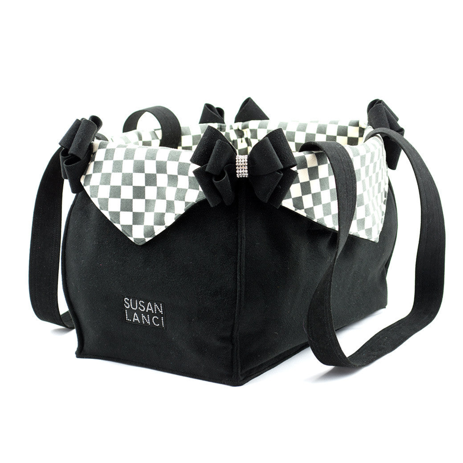 Susan Lanci Designs Susan Lanci Designs Black Double Nouveau Bow Luxury Carrier with Windsor Check Flaps Pet Carriers