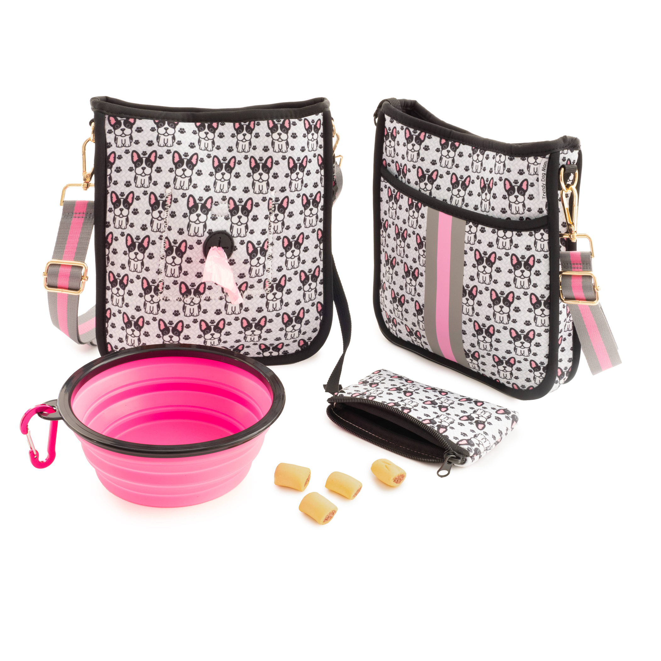 Trendy Dog Mom "Oh la la" French Bulldog Dog Walking Messenger Bag Set Pet Carriers