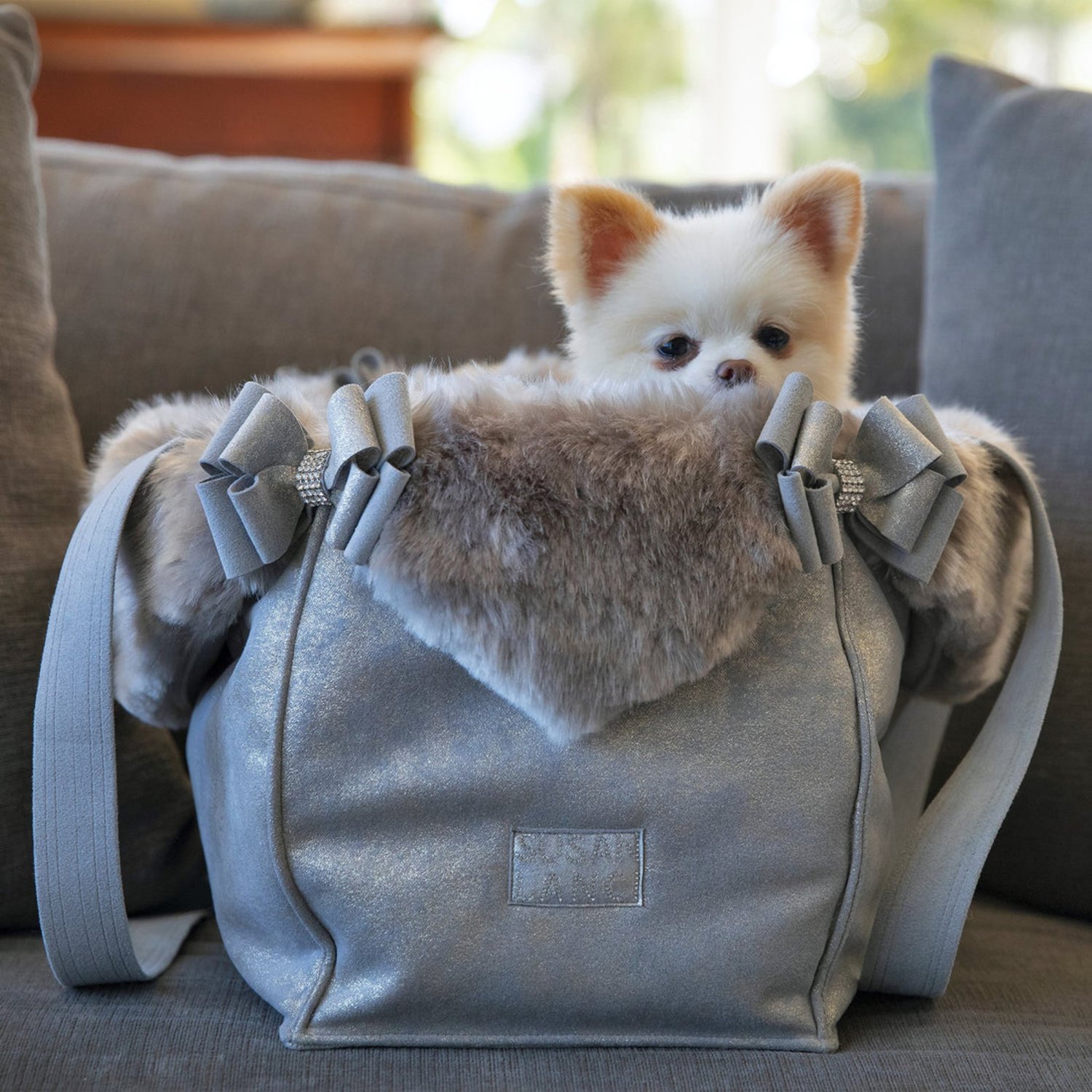 Susan Lanci Designs Susan Lanci Designs Platinum Glitzerati Double Nouveau Bow Luxury Carrier with Fur Trim Pet Carriers