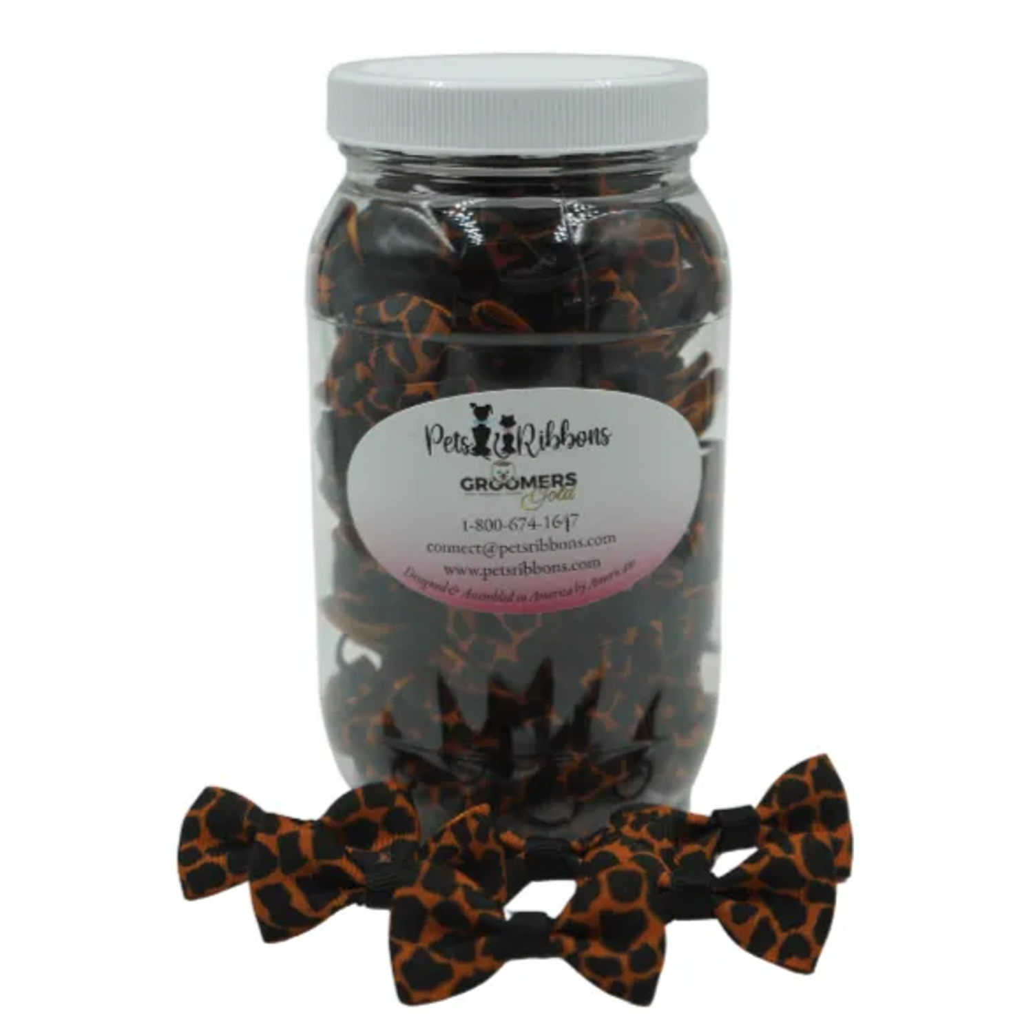 Pets Ribbons GG105 | 50-100 Groomers Dog/ Cat Bows in a jar - Leopard 1.5"|Pets Ribbons Pet Accessories