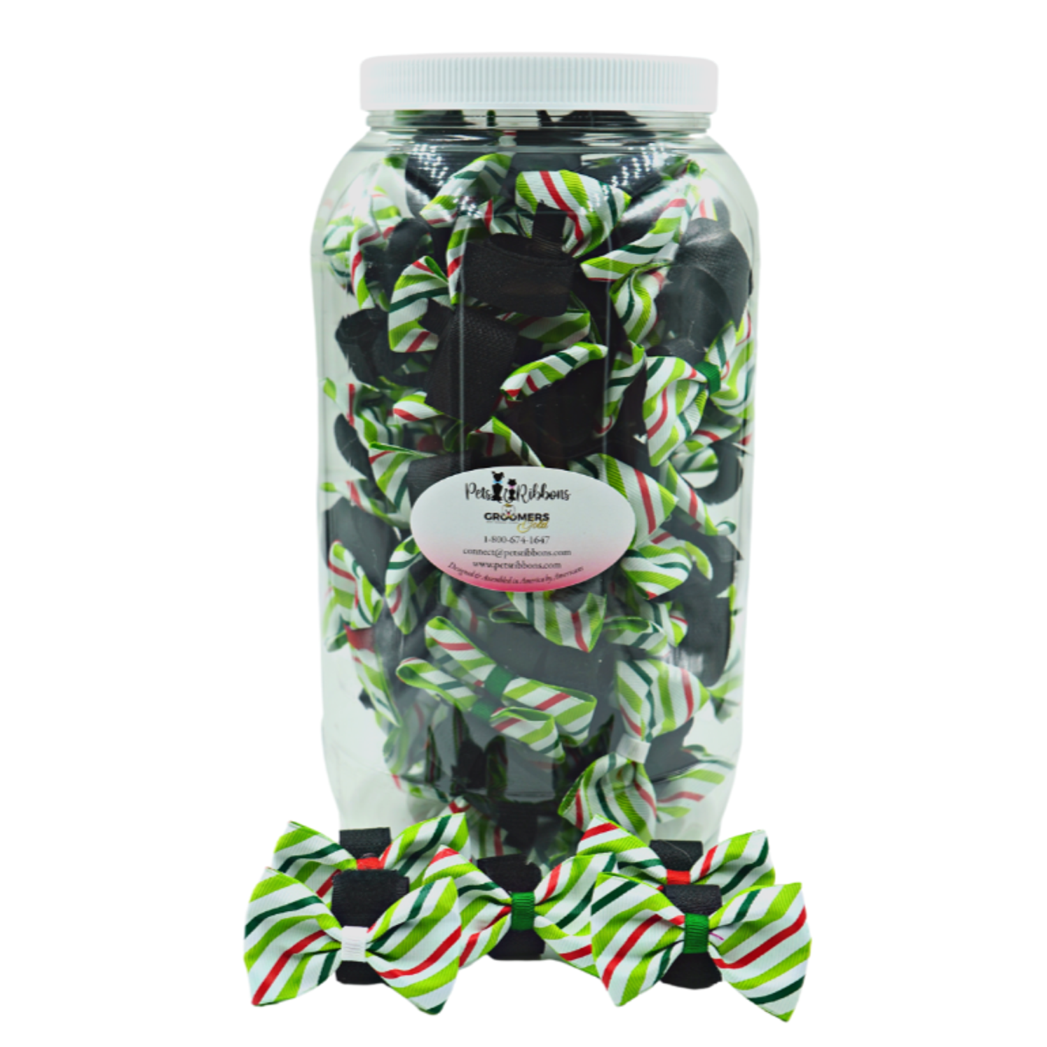 Pets Ribbons GG110CV | 100 Christmas Candy Striped Velcro Dog Bows in Jar|Pets Ribbons Pet Accessories
