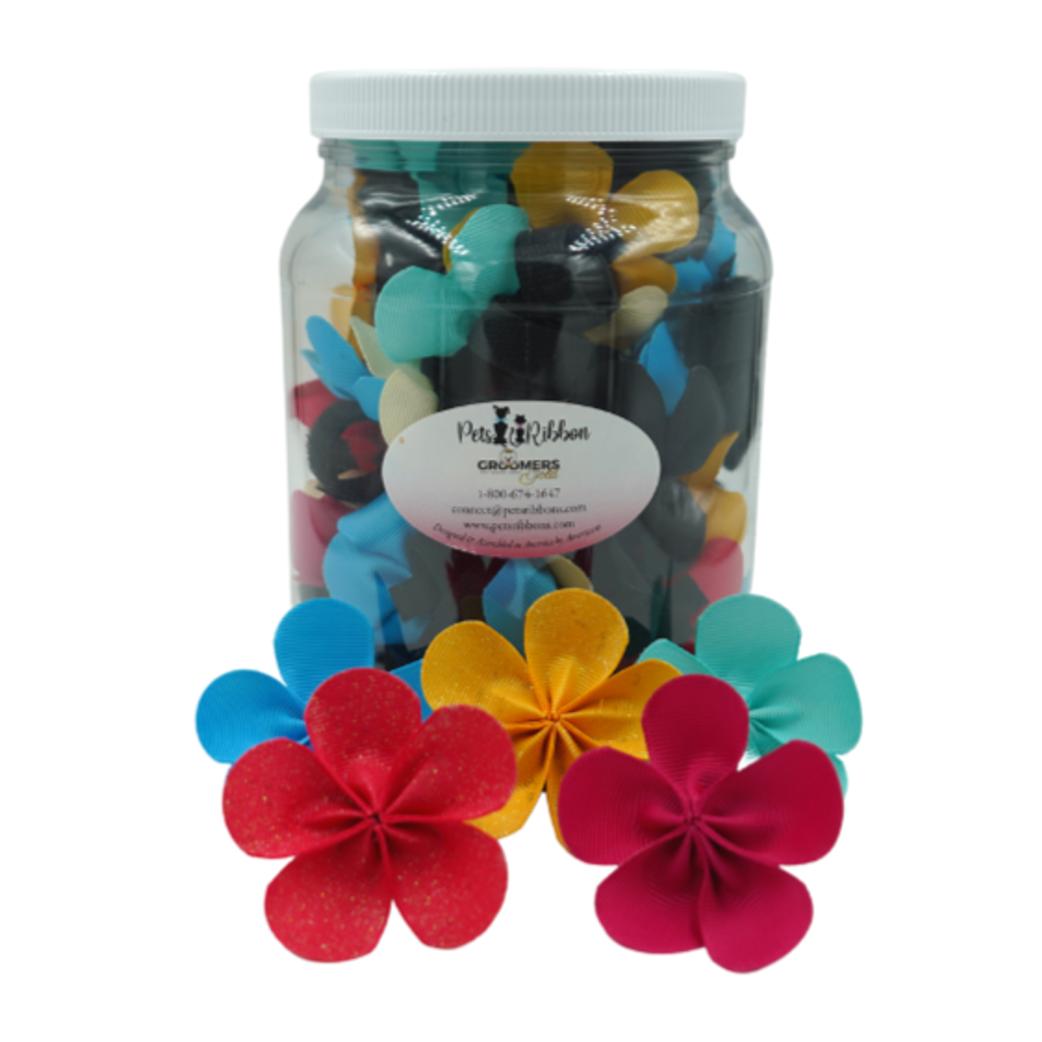 Pets Ribbons GG112VV | 50-100 Large Flower Velcro Dog Cat Bows in Jar|Pets Ribbons Pet Accessories